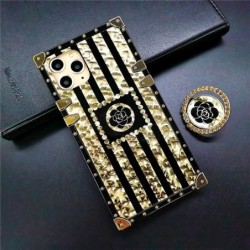 Luxury Brand Glitter Flower Square Shockproof Case for iPhone Samsung Huawei Honor OPPO Vivo Xiaomi Redmi Realme LG Moto
