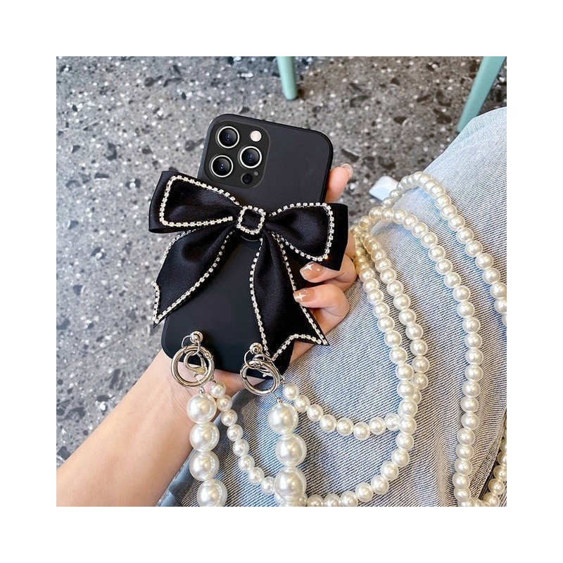 Pearl Necklace Cloth bow Phone Case Bling Diamond Cover For iphone 14 X XR XS 11 13 Pro Max 12 Pro 8Plus 6 s 7 8 Plus SE Mini