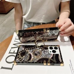 Luxury Leopard Print Square Phone Case For IPhone 14 13 Pro Max 12 11 XS XR 6 7 8Plus SE Glitter Diamond Ring Holder Stand Cover