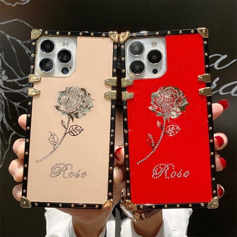 Luxury Brand Glitter Rose Square Phone Case For iPhone 13 12 11
