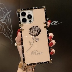 Luxury Brand Glitter Rose Square Phone Case For iPhone 13 12 11 PRO MAX 6 7 Plus XR X Fashion Vintage Floral Soft Silicone Cover