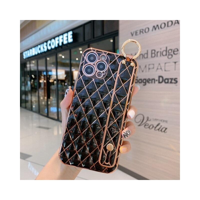 3D Lattice Wrist Strap Plating Phone Case For iPhone Samsung Huawei OPPO Vivo