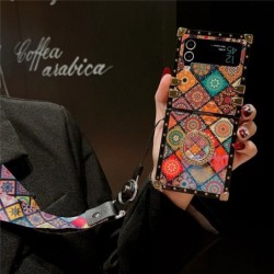 Square Glitter Retro Flower Cases For Samsung Galaxy Z Flip 4 Flip 3