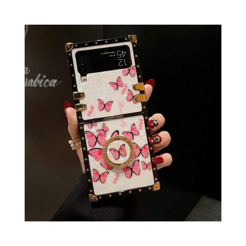 Fashion Cartoon Glitter Butterfly Cover For Samsung Galaxy Z Flip 3  Shockproof Square Phone Case For