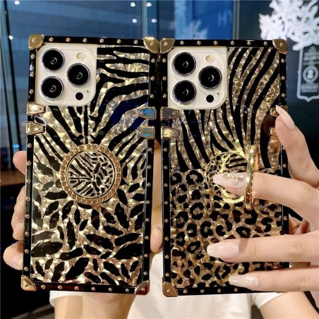 Luxury leopard feather diamond ring square case for iPhone Samsung Huawei Honor OPPO Vivo Xiaomi Redmi Realme LG Moto